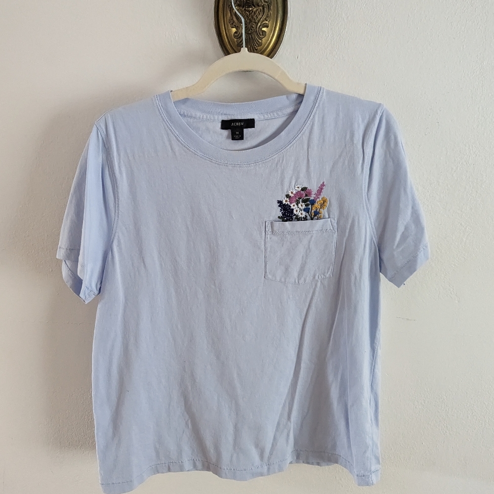 J. Crew Light Blue Short Sleeve Tee with Floral Pocket